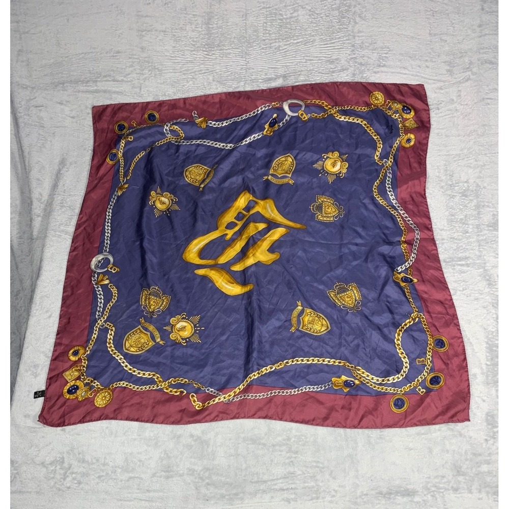 Bogner Vintage Silk Square Scarf Blue Burgundy Gold Chain Crest Made in Italy